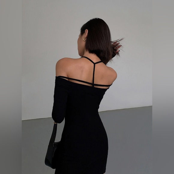 Hot Black Off-the-Shoulder Halter Dress, Long Sleeve Slim Fit Bodycon (new) - Picture 2 of 6